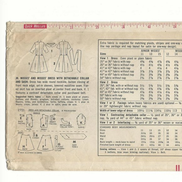 1960s Drop Waist Day Dress Pattern, Simplicity 2721, 36" Bust, Peter Pan Collar - Picture 7 of 8